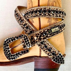 BB SIMON Hair On Cowhide Leopard Crystal Cowboy Western Belt